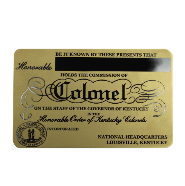 Kentucky Colonels Brass Membership Card